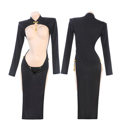 Midnight Temptation" Sexy Front Slit Cheongsam - Alluring Bodycon Gown - "Oriental Charm" Open Front Cheongsam