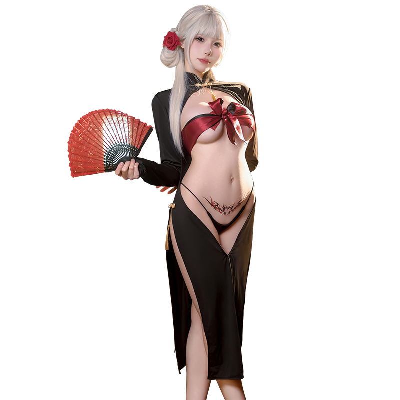 Midnight Temptation" Sexy Front Slit Cheongsam - Alluring Bodycon Gown - "Oriental Charm" Open Front Cheongsam