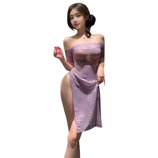 Alluring Rose-Perspective Lace Cheongsam - See-Through Slit Maxi - Oriental Charm Sheer Lace Cheongsam