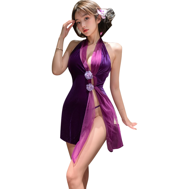 Dreamy Velvet Blossom Halter Cheongsam - Elegant & Seductive - Sexy Velvet Floral Dream Halter Cheongsam