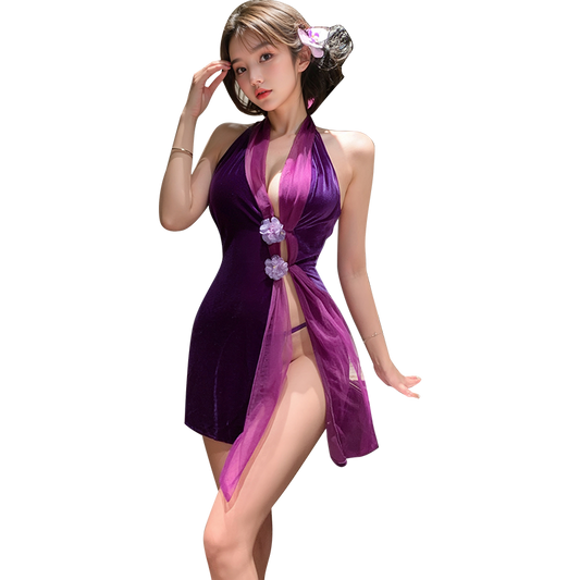 Dreamy Velvet Blossom Halter Cheongsam - Elegant & Seductive - Sexy Velvet Floral Dream Halter Cheongsam