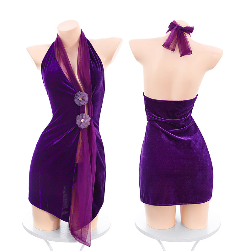 Dreamy Velvet Blossom Halter Cheongsam - Elegant & Seductive - Sexy Velvet Floral Dream Halter Cheongsam