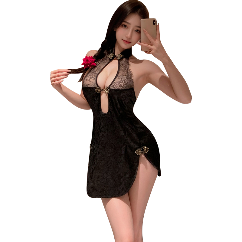 Sultry Black Lace Cheongsam Dress with Back Slit & Open Back - Alluring Halter Qipao Lingerie