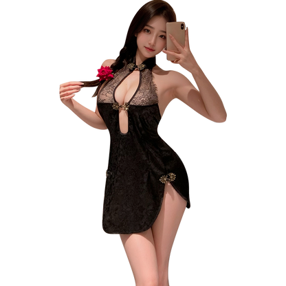 Sultry Black Lace Cheongsam Dress with Back Slit & Open Back - Alluring Halter Qipao Lingerie
