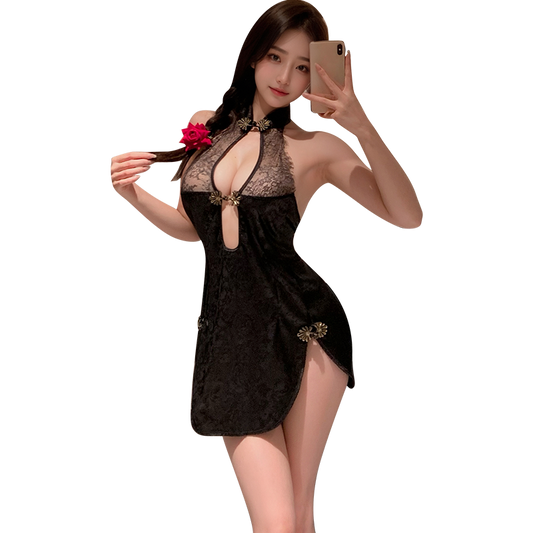 Sultry Black Lace Cheongsam Dress with Back Slit & Open Back - Alluring Halter Qipao Lingerie