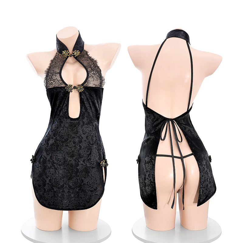 Sultry Black Lace Cheongsam Dress with Back Slit & Open Back - Alluring Halter Qipao Lingerie