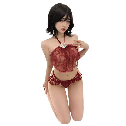 Sensual Chinese Style Sheer Lace Lingerie Set for Women - Embroidered Halter Top & Bikini Bottoms for Date Night