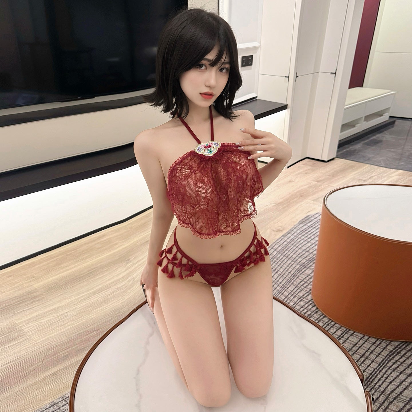 Sensual Chinese Style Sheer Lace Lingerie Set for Women - Embroidered Halter Top & Bikini Bottoms for Date Night