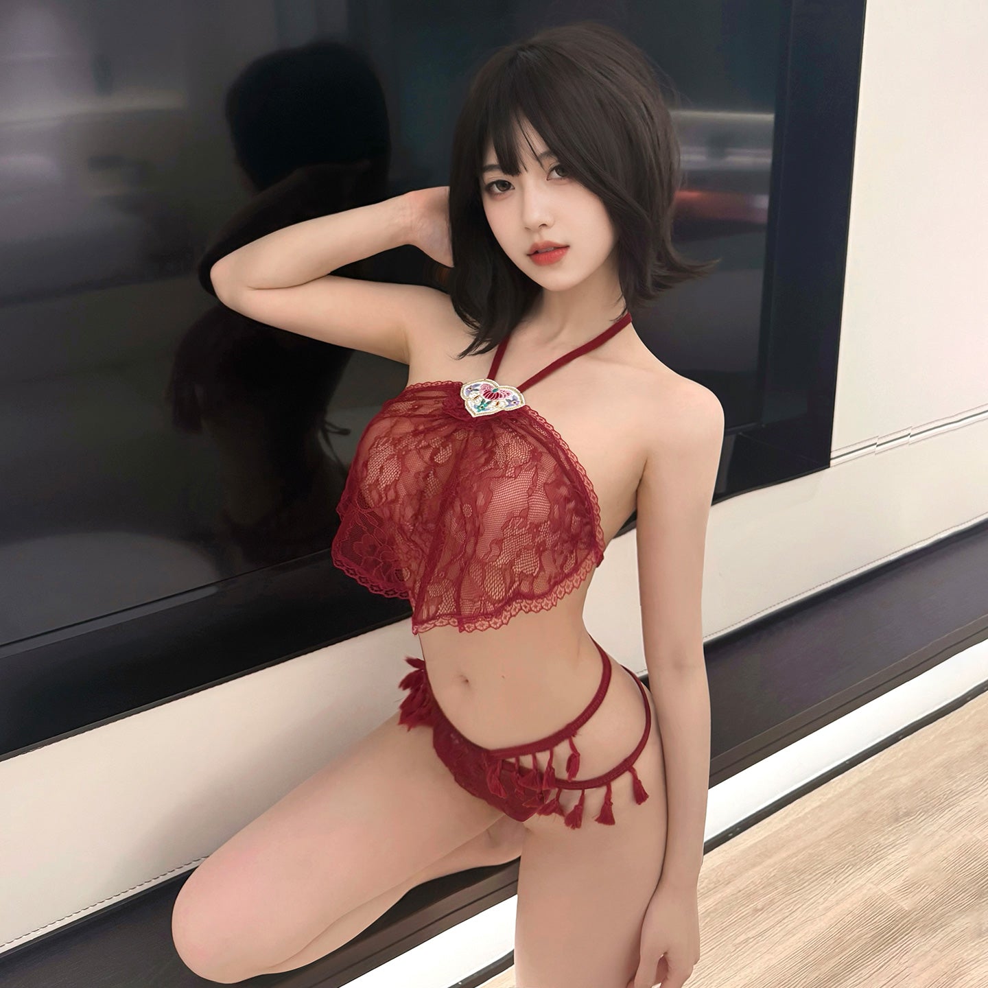 Sensual Chinese Style Sheer Lace Lingerie Set for Women - Embroidered Halter Top & Bikini Bottoms for Date Night