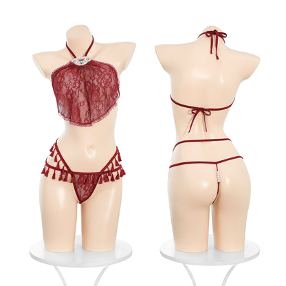 Sensual Chinese Style Sheer Lace Lingerie Set for Women - Embroidered Halter Top & Bikini Bottoms for Date Night