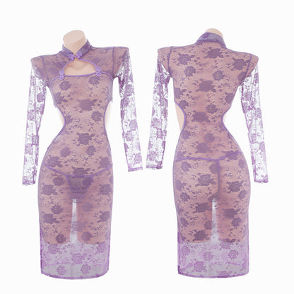 Sultry Purple Cheongsam - Sheer Floral Lace Party Dress, Bodycon Purple Lace Cheongsam with Cutouts