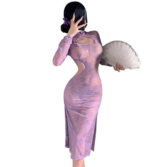 Sultry Purple Cheongsam - Sheer Floral Lace Party Dress, Bodycon Purple Lace Cheongsam with Cutouts