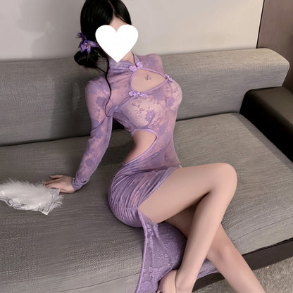Sultry Purple Cheongsam - Sheer Floral Lace Party Dress, Bodycon Purple Lace Cheongsam with Cutouts