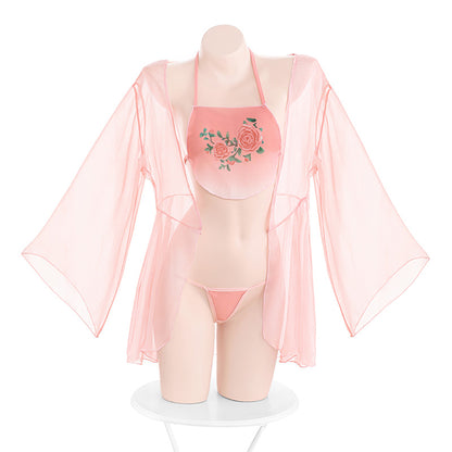 Oriental Blossom Embroidered Bellyband Lingerie - Classic Embroidered Bellyband Sexy Lingerie Set