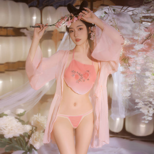 Oriental Blossom Embroidered Bellyband Lingerie - Classic Embroidered Bellyband Sexy Lingerie Set