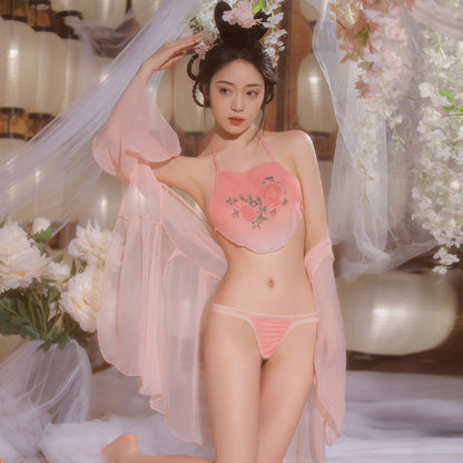 Oriental Blossom Embroidered Bellyband Lingerie - Classic Embroidered Bellyband Sexy Lingerie Set