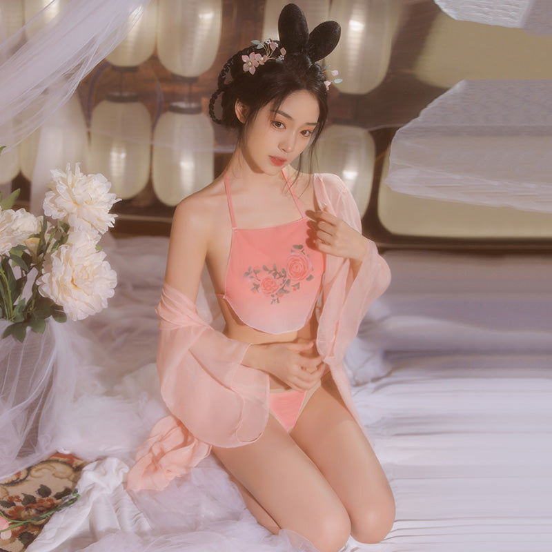 Oriental Blossom Embroidered Bellyband Lingerie - Classic Embroidered Bellyband Sexy Lingerie Set