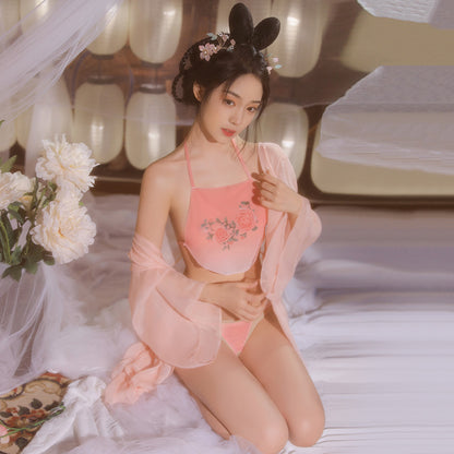 Oriental Blossom Embroidered Bellyband Lingerie - Classic Embroidered Bellyband Sexy Lingerie Set
