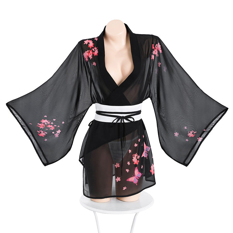 Enchanting Cherry Blossom Sheer Kimono Lingerie Set - Sexy See-Through Robe & G-String