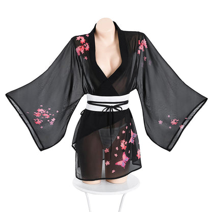 Enchanting Cherry Blossom Sheer Kimono Lingerie Set - Sexy See-Through Robe & G-String