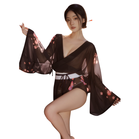 Enchanting Cherry Blossom Sheer Kimono Lingerie Set - Sexy See-Through Robe & G-String