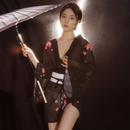 Enchanting Cherry Blossom Sheer Kimono Lingerie Set - Sexy See-Through Robe & G-String