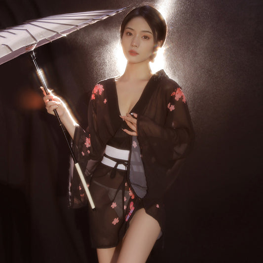Enchanting Cherry Blossom Sheer Kimono Lingerie Set - Sexy See-Through Robe & G-String