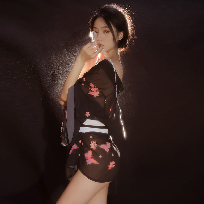 Enchanting Cherry Blossom Sheer Kimono Lingerie Set - Sexy See-Through Robe & G-String