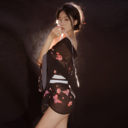 Enchanting Cherry Blossom Sheer Kimono Lingerie Set - Sexy See-Through Robe & G-String