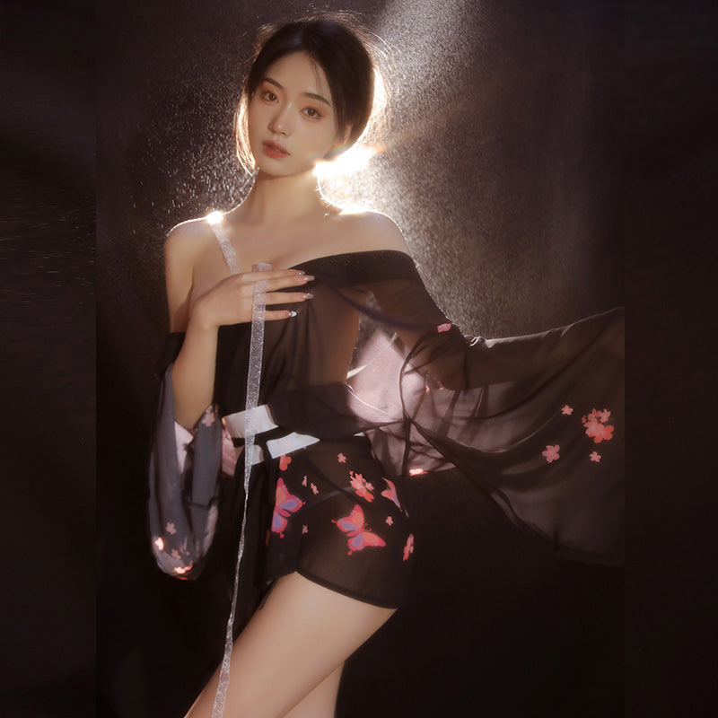 Enchanting Cherry Blossom Sheer Kimono Lingerie Set - Sexy See-Through Robe & G-String