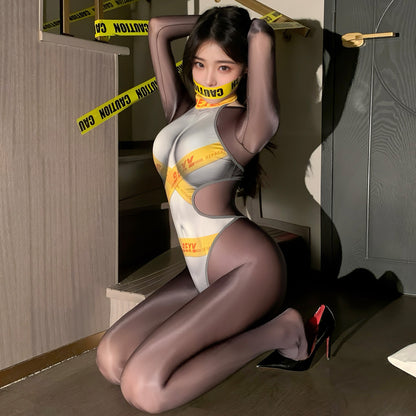 Faux Duct Tape Bondage Style Print Bodysuit for Women - Sexy Halter Neck Cutout One-Piece Lingerie