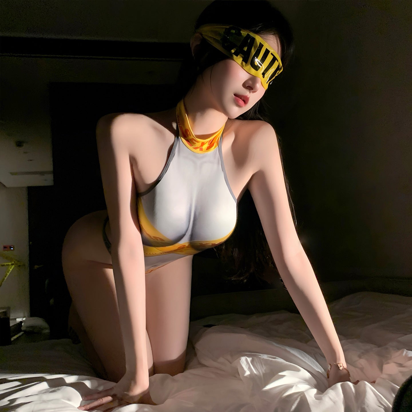 Faux Duct Tape Bondage Style Print Bodysuit for Women - Sexy Halter Neck Cutout One-Piece Lingerie