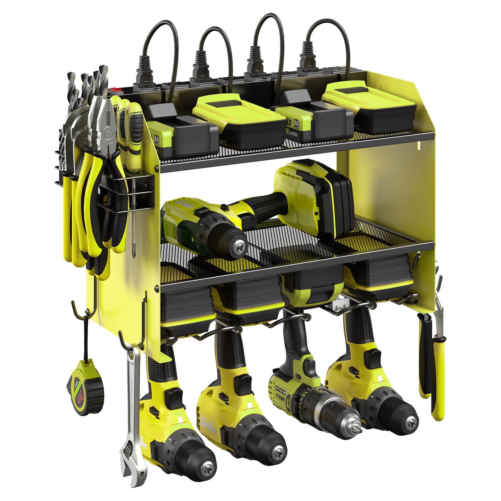 CCCEI Modular Power Tool Organizer Wall Mount with Charging Station. Garage 4 Drill Storage Shelf with Hooks, Screwdriver, Drill Bit Heavy Duty Rack, Tool Battery Holder Built in 8 Outlet Power Strip.