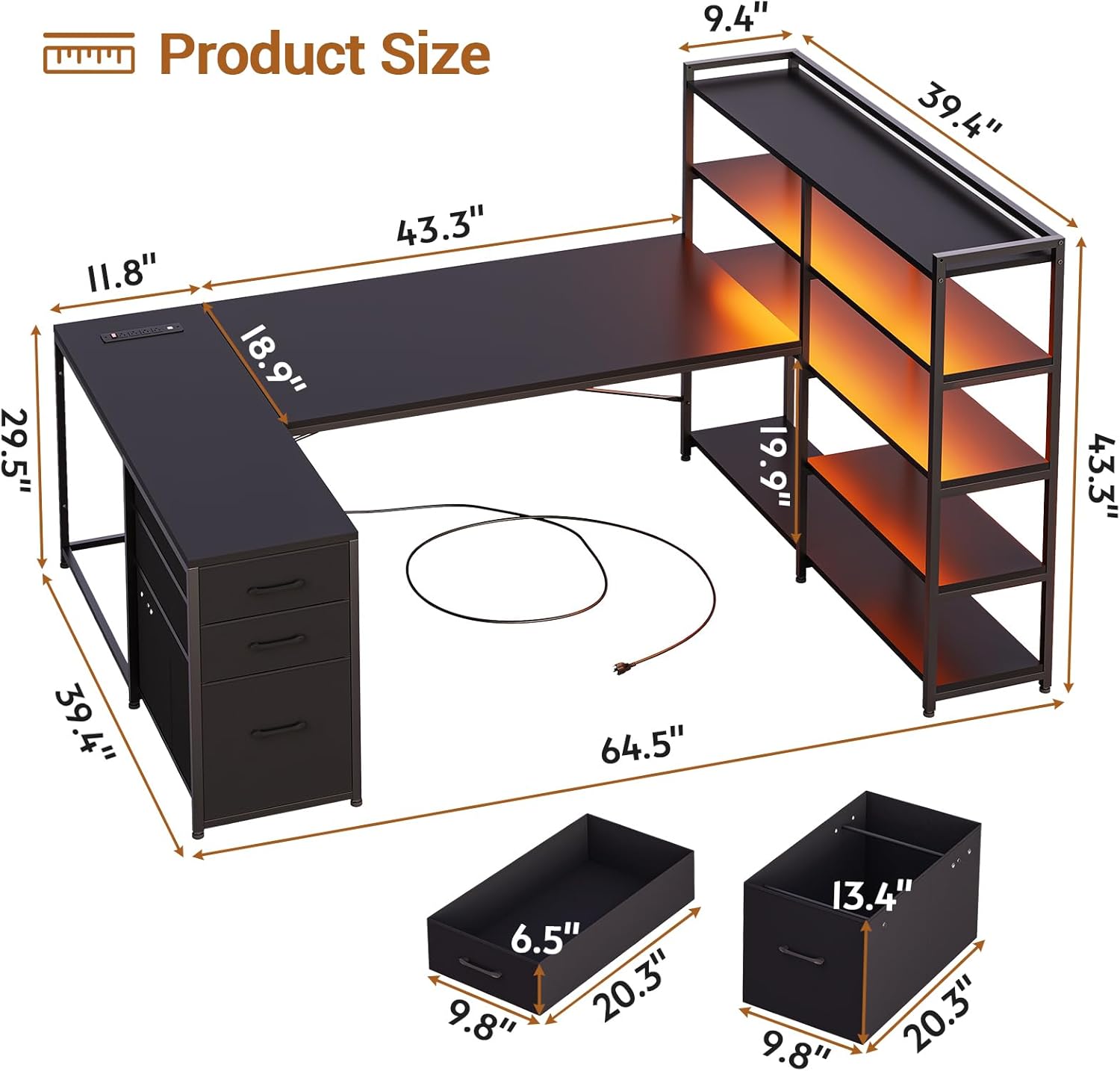 SEDETA L Shaped Gaming Desk, Reversible U Shaped Computer Desk with Power Outlet and Storage Shelves, Corner Gaming Desk with LED Lights, 3 Fabric Drawers, Black