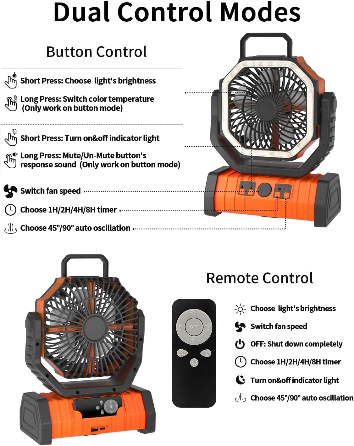 ADUST Portable Battery Powered Operated Fan with LED Lantern Light Cordless 20000mAh Rechargeable Camping Fan for Tents, 4 Speeds, Auto Oscillating, 270° Rotation 360° Hanging Hook, Desk Fan(Orange)