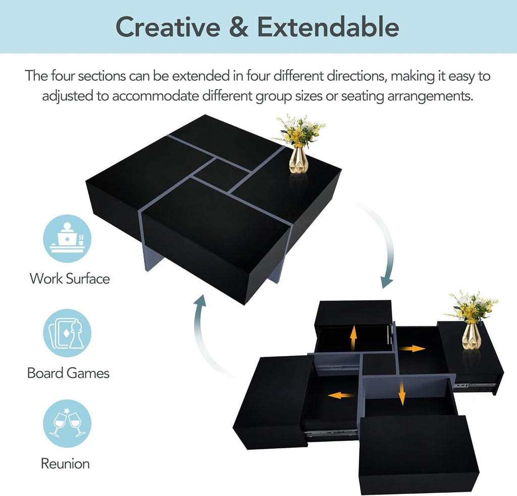 ON-TREND Unique Design Coffee Table with 4 Hidden Storage Compartments, Square Cocktail Table with Extendable Sliding Tabletop, UV High-gloss Design Center Table for Living Room, 31.5"x 31.5"