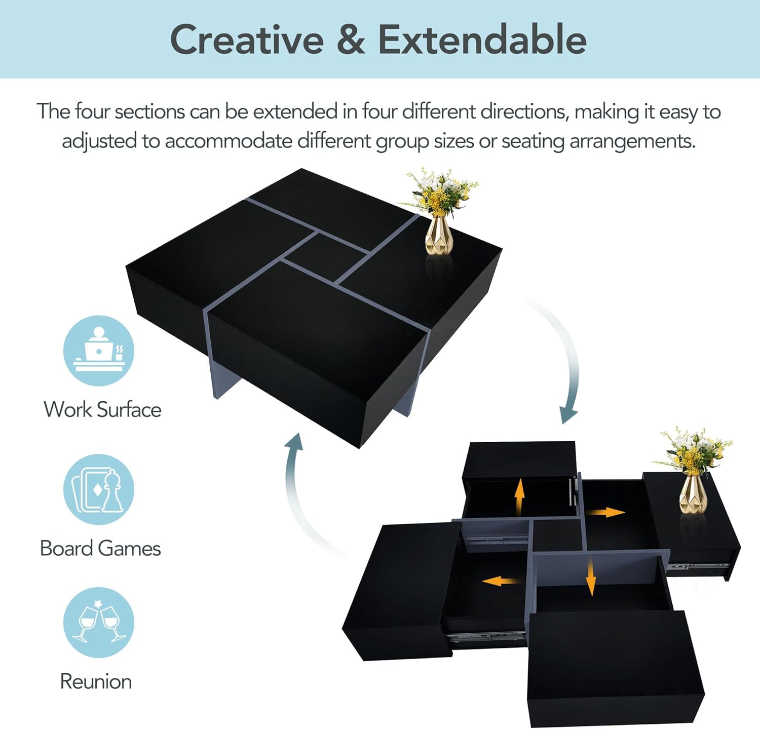 ON-TREND Unique Design Coffee Table with 4 Hidden Storage Compartments, Square Cocktail Table with Extendable Sliding Tabletop, UV High-gloss Design Center Table for Living Room, 31.5"x 31.5"