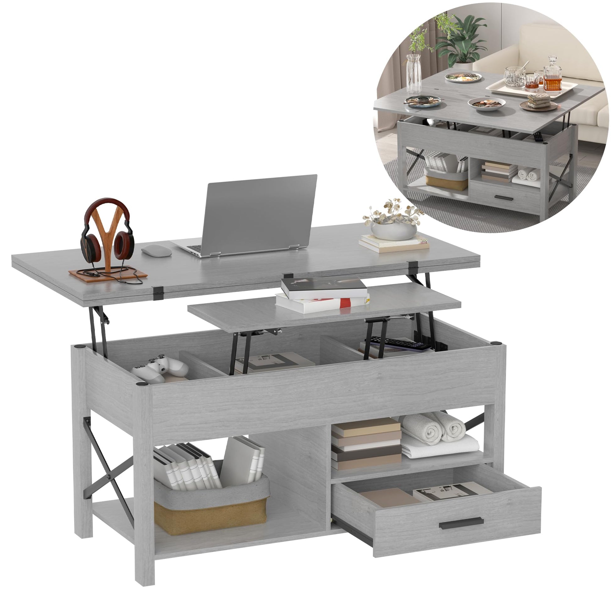 Lift Top Coffee Table with Storage, Convertible Coffee Table Converts to Dining Table, Farmhouse Coffee Tables with Lifting Top, Center Table for Living Room with Drawer and Hidden Compartment, Black