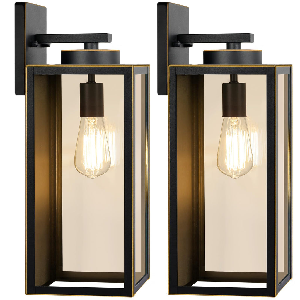 Outdoor Wall Light Fixtures, Exterior Waterproof Lanterns, Porch Sconces Wall Mounted Lighting with E26 Sockets & Glass Shades, Modern Matte Black Wall Lamps for Patio Front Door Entryway, 2-Pack