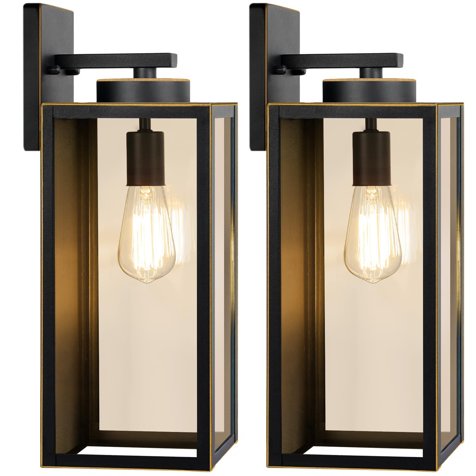 Outdoor Wall Light Fixtures, Exterior Waterproof Lanterns, Porch Sconces Wall Mounted Lighting with E26 Sockets & Glass Shades, Modern Matte Black Wall Lamps for Patio Front Door Entryway, 2-Pack