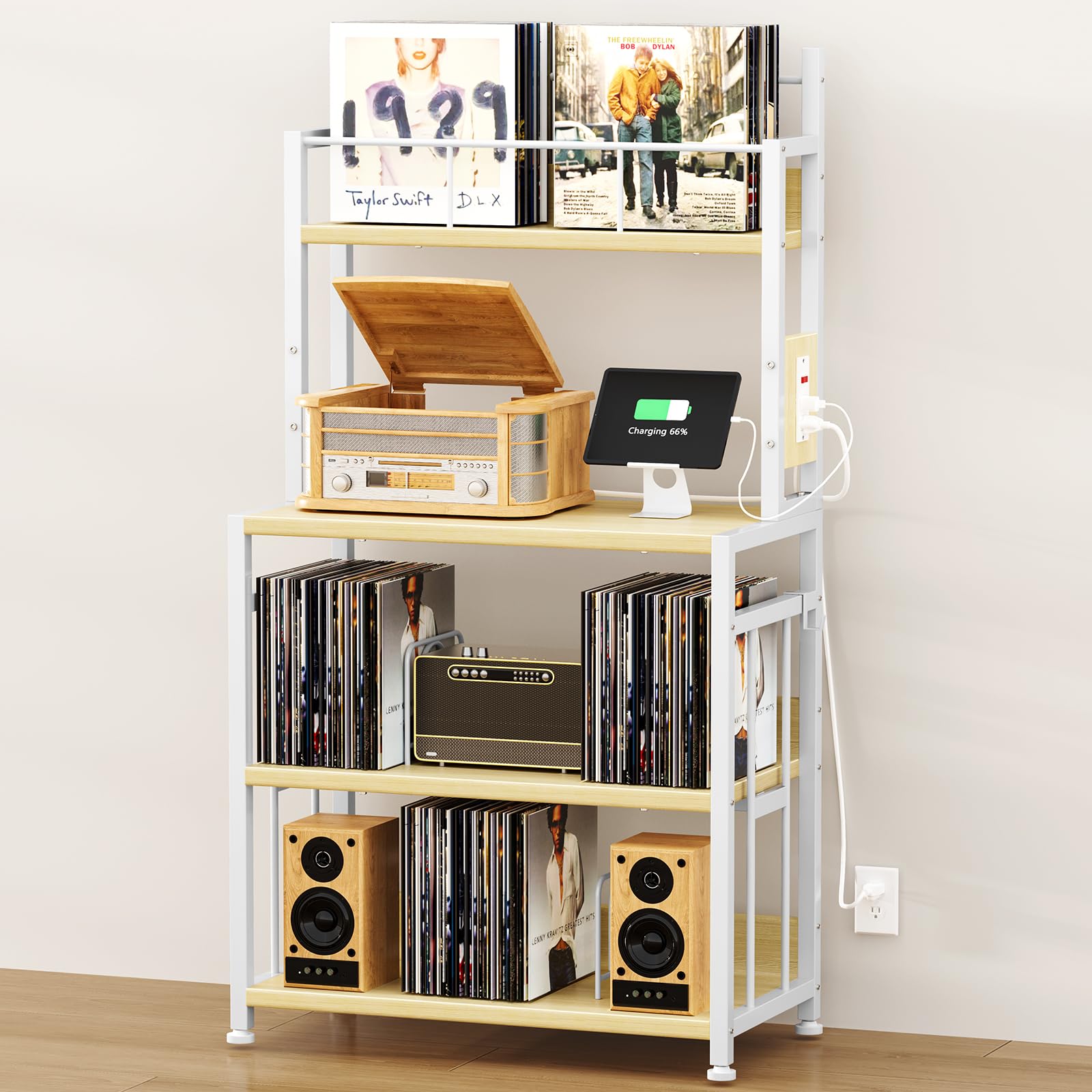 EasyCom Record Player Stand with Vinyl Storage, Turntable Stand Holds Up to 300 Albums, Large Record Player Table with Charge Station, Vinyl Record Stand for Living Room