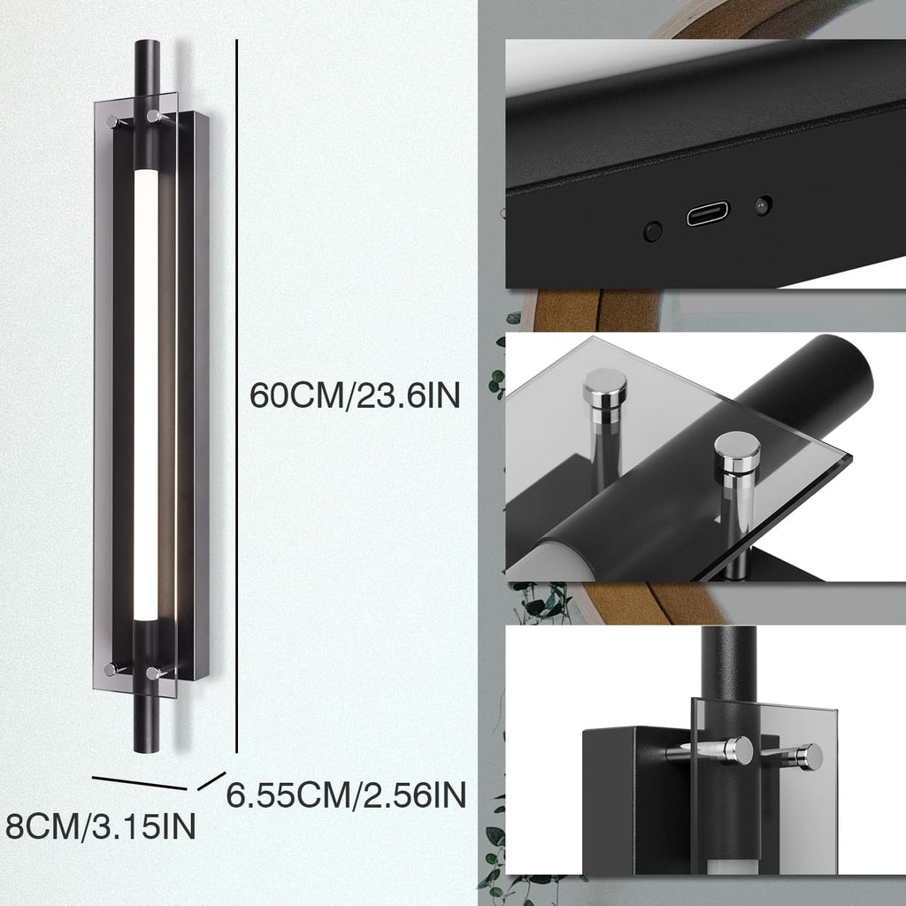 Adust Battery Operated Wall Sconce, 14000mAh Rechargeable Wall Decor Lighting Indoor Remote Control Dimmable Wall Lamp Fixtures for Bedroom Living Room 2 Pack (Black Glass)
