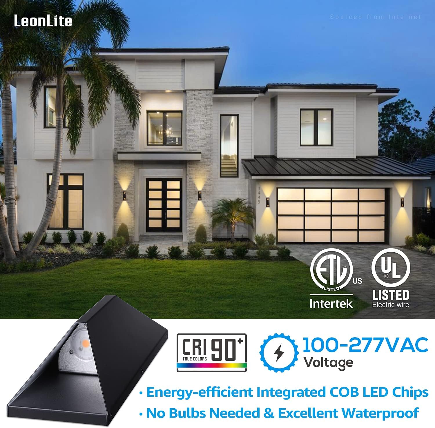 LEONLITE Dimmable LED Up Down Wall Light, 100-277V, CRI 90+, UL Listed IP65 Waterproof, 10%-100% Dimmable for Commercial Outdoor, 14 Inch Modern Porch Light, 1200LM 3000K, Pack of 2