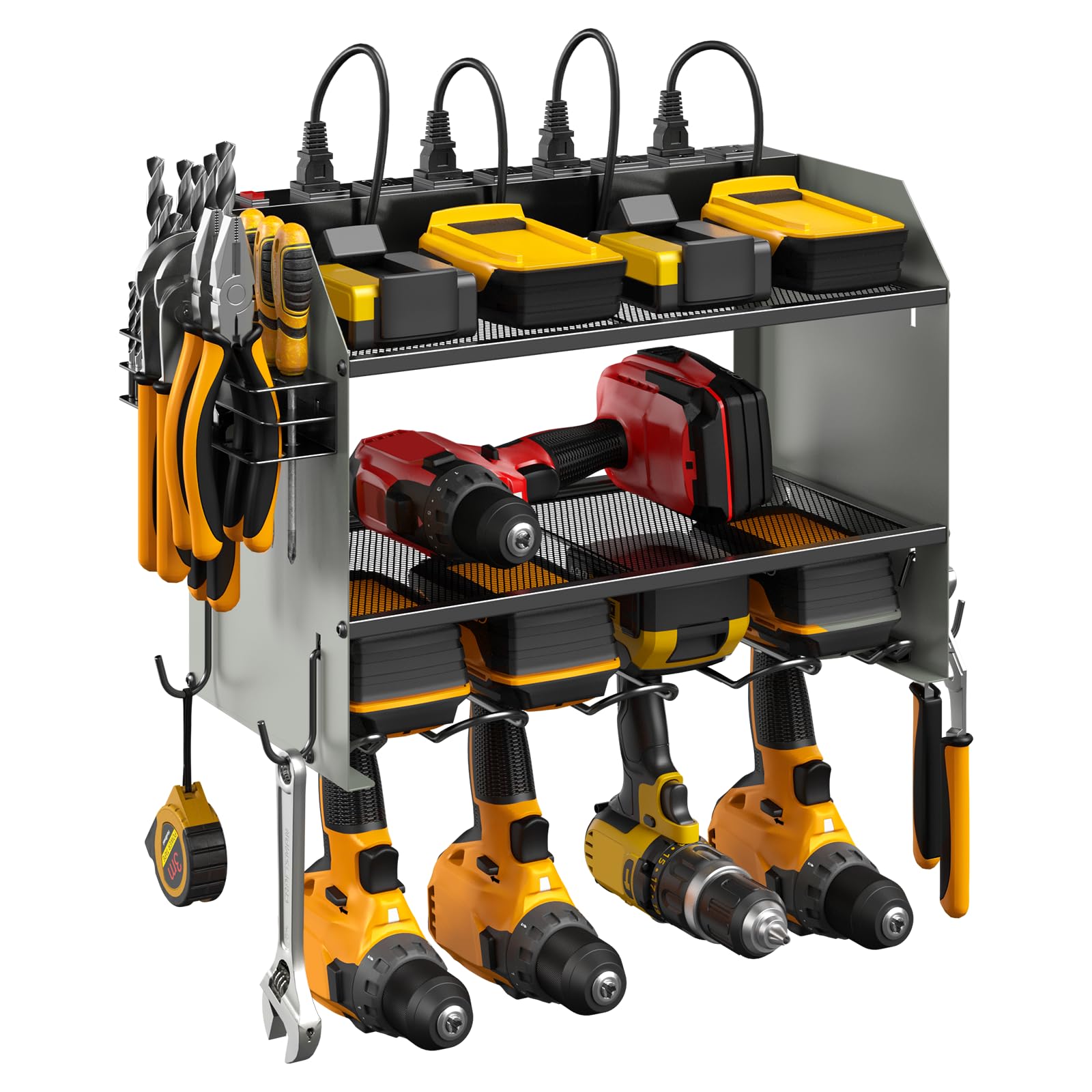 CCCEI Modular Power Tool Organizer Wall Mount with Charging Station. Garage 4 Drill Storage Shelf with Hooks, Screwdriver, Drill Bit Heavy Duty Rack, Tool Battery Holder Built in 8 Outlet Power Strip.