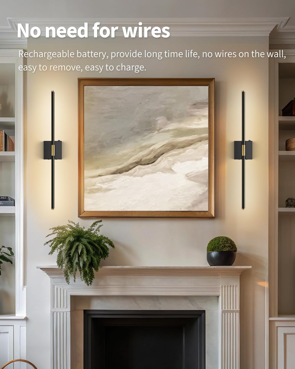 Wall Sconces Set of 2 Battery Operated, Wireless USB Rechargeable Wall Lights with Remote Control, 360° Rotation, 8000mAh LED Dimmable Picture Lamp for Living Room,Bedroom,Hallway (30in Black)