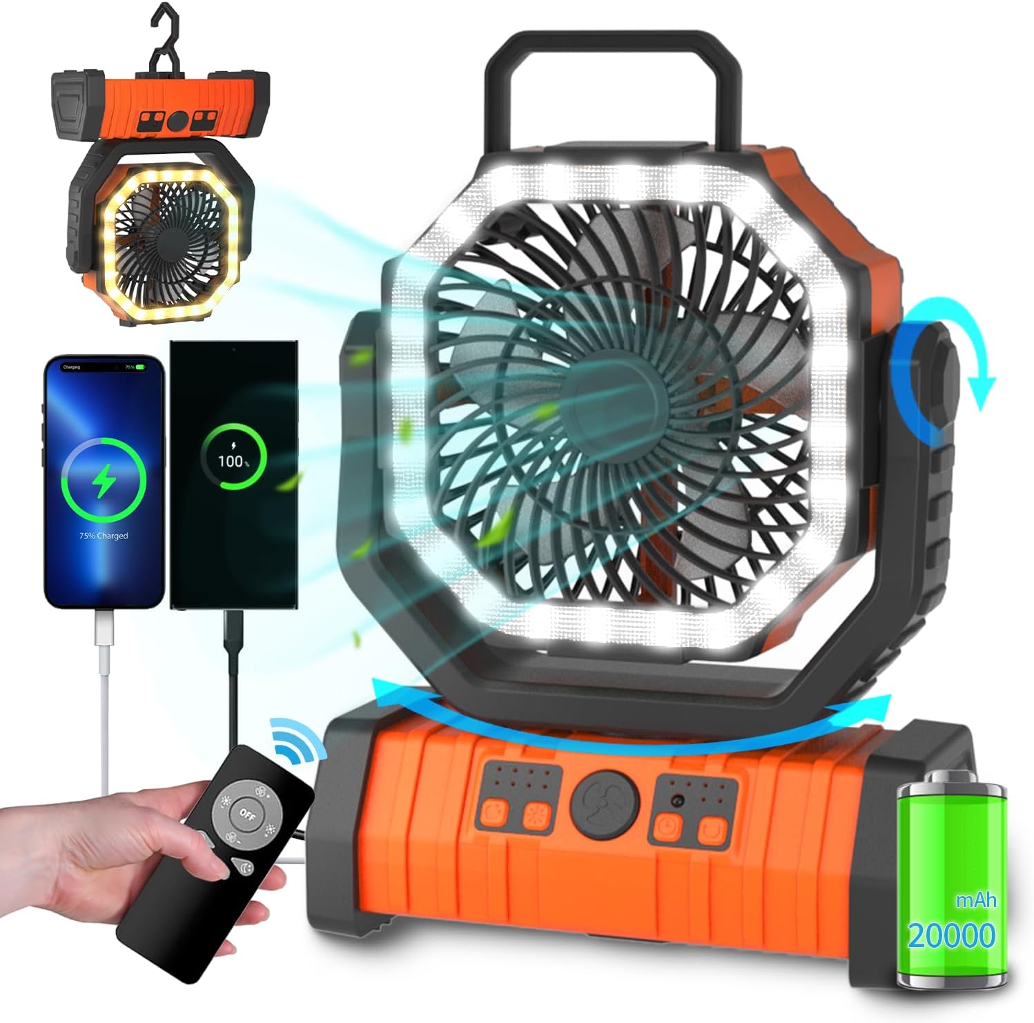 ADUST Portable Battery Powered Operated Fan with LED Lantern Light Cordless 20000mAh Rechargeable Camping Fan for Tents, 4 Speeds, Auto Oscillating, 270° Rotation 360° Hanging Hook, Desk Fan(Orange)