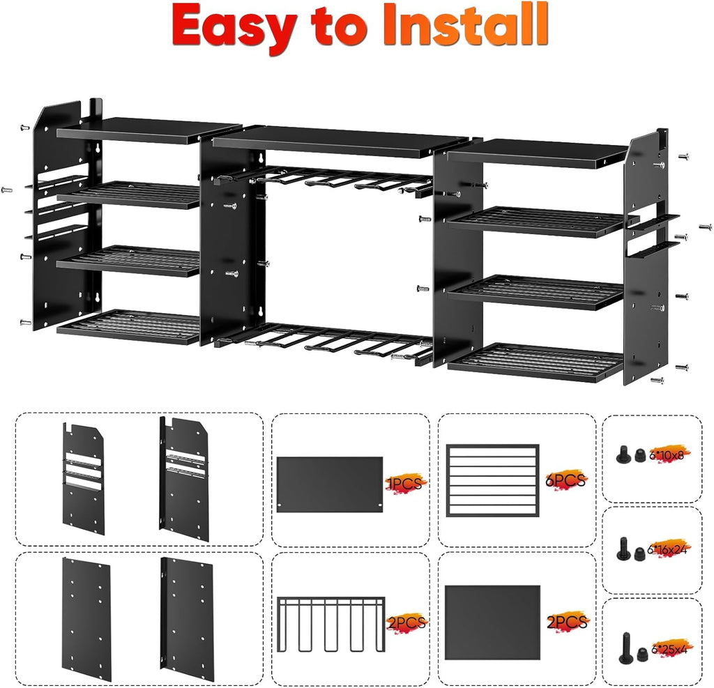 Upgrade Large Power Tool Organizer Wall Mount, Cordless Tool Storage Rack with 8 Drill Holder, 4 Layer Heavy Duty Metal Loads 400lbs Battery Utility Shelve for Garage and Workbench