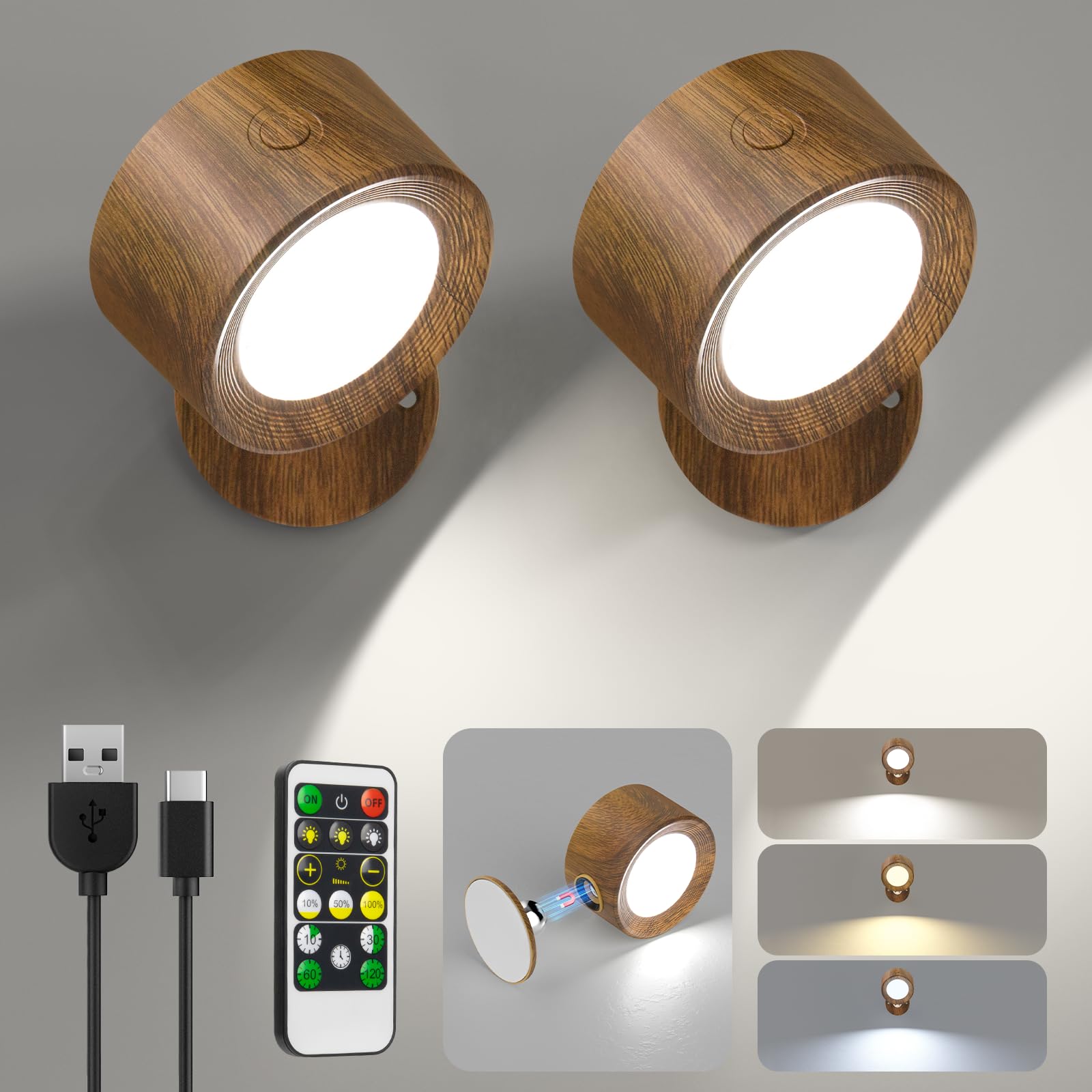 LED Wall Mounted Lights 3 Pcs with Remote, Wall Sconces Lamp 3000mAh Rechargeable Battery Operated, 3 Color Temperatures & Dimmable Magnetic 360° Rotation Cordless Light for Bedroom Bedside