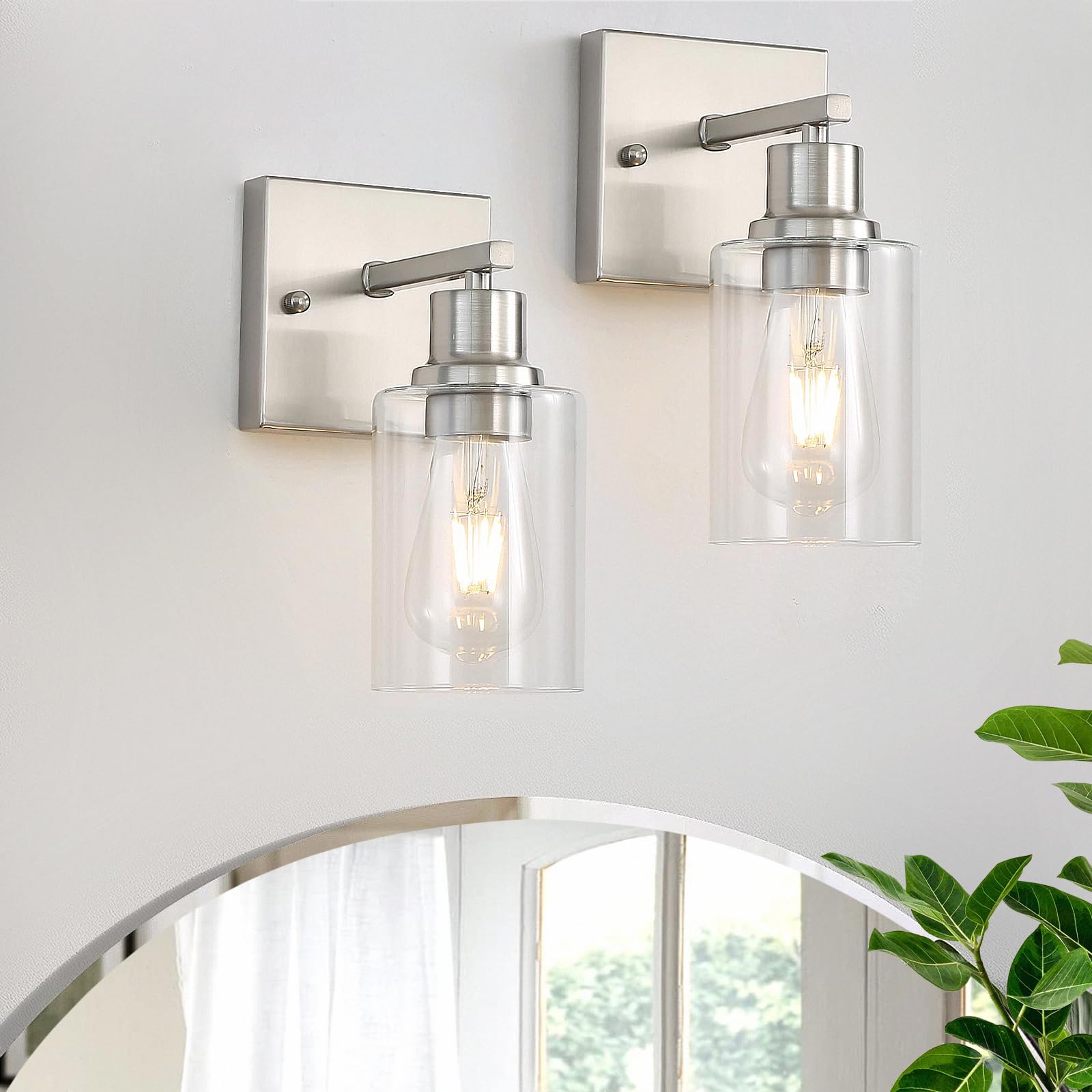 Hallway Wall Sconces Set of 2,Farmhouse Modern Wall Lights Bathroom Matte Black Vanity Lights fixtures with Glass Shade, Hallway Wall Lights for Bedroom,Living Room