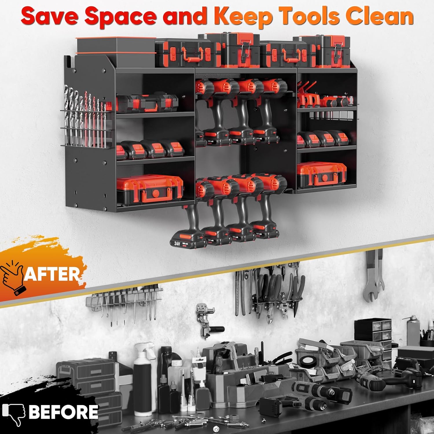 Upgrade Large Power Tool Organizer Wall Mount, Cordless Tool Storage Rack with 8 Drill Holder, 4 Layer Heavy Duty Metal Loads 400lbs Battery Utility Shelve for Garage and Workbench